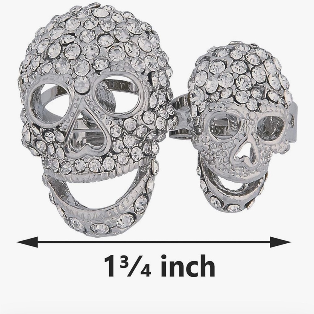 Double finger  Silver Crystal Skull Ring - Picture 2 of 3
